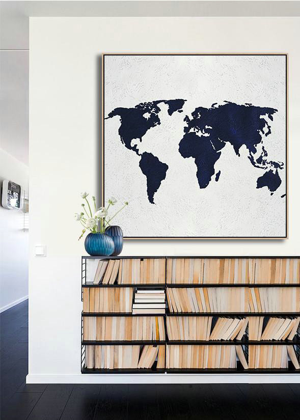 Large Modern Abstract Painting,Hand Painted Navy Minimalist Painting On Canvas,Living Room Wall Art